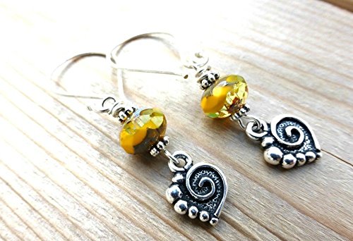 Silver heart charms, Yellow Czech Picasso glass, sterling silver earrings. Fashion, accessories. Small earrings. Handmade jewelry, jewellery. Bohemian, yoga, simple.