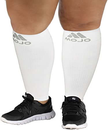 3XL Mojo Compression Plus Size Wide Calf Compression Sleeves Unisex - Footless, XXX-L, White - 20-30mHg 1 Pair