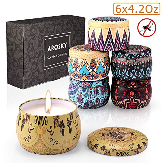 Arosky Citronella Candles Indoor and Outdoor Scented Natural Soy Wax Portable Travel Tin Candle Gift Set 6 x 4.2 Oz Pack of 6