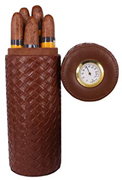 AMANCY Quality Brown Leather Cigar Humidor Case, Cigars Jar Tube with Hygrometer （Holding Up to 5 Cigars）