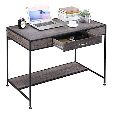 Aingoo Computer Writing Desk with Drawers,Home Office Rustic Metal MDF Wood Mid Century Large PC Table for Brown Farmhouse (Brown)