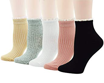 Fitu Women's Vintage Ruffle Frilly Cute Rayon Bamboo Boot Socks 5 Pairs Pack