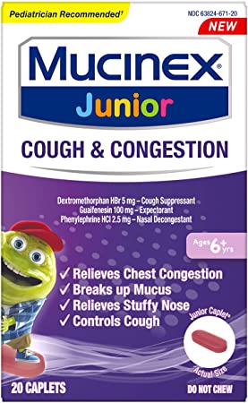 Nasal Decongestant, Cough Suppressant & Expectorant, Mucinex Junior Cough & Congestion Caplets, 20ct, Ages 6  years, Thins & Loosens Mucus & Relieves Chest Congestion, Cough & Stuffy Nose by Mucinex