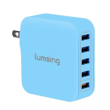 Lumsing Quick Charge 2.0 Multi-Port USB Wall Charger,40W Charging Station Dock, 1 Port QC2.0   4 Port with Smart IC Technology, 5 Port Wall Charging Hub for SmartPhones-Blue