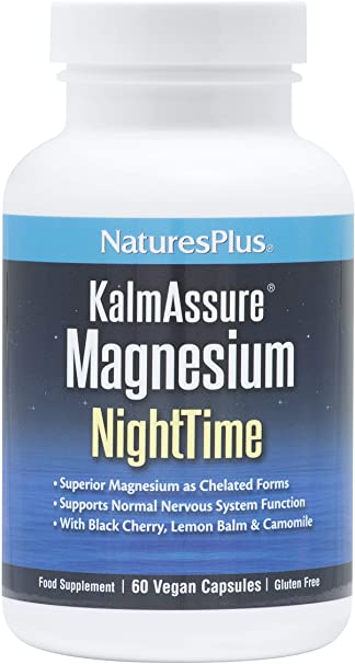 NaturesPlus KalmAssure Nighttime - Magnesium, L-Theanine, Ashwagandha, Lemon Balm, B6, Hops for Relaxation and a Restful Night – Vegan and Gluten Free- 90 Capsules, 30 Servings