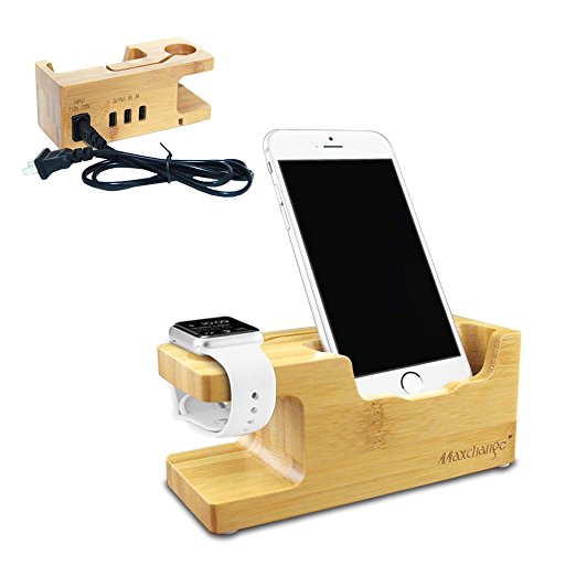 Apple Watch Stand with 3 USB Hubs,Maxchange iPhone Charging Station, Bamboo Wood Holder for cellphone & iWatch, iPhone 7, 7 plus, 6S, 6S plus, 6, 6 plus, 5S,