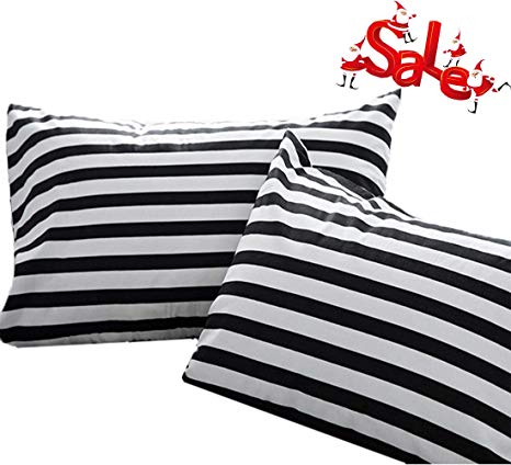 Wellboo Pillowcases Black Striped Pillow Cases Black and White Pillow Shams Stripes Bed Pillow Covers Cotton Standard Vertical Striped Pillow Protectors White Women Men Adults Envelope Closure 2 PCS