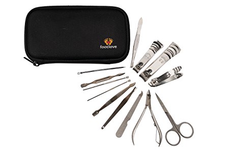 Manicure and Pedicure Kit by Foot Love 13 Piece Stainless Steel Tool Set including Nail & Cuticle Clippers