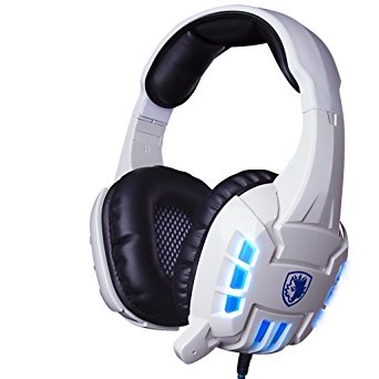 GW SADES SA718S USB Laptop Stereo Wired PC Gaming Headset Over Ear Headband Headphones with Microphone Vibration LED Lights(White)