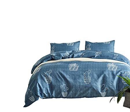RheaChoice Blue Cactus Printed Duvet Cover Set,3 Pieces Stylish Brushed Microfiber Bedding Set Zipper Corner Ties - King Size (104"x90")