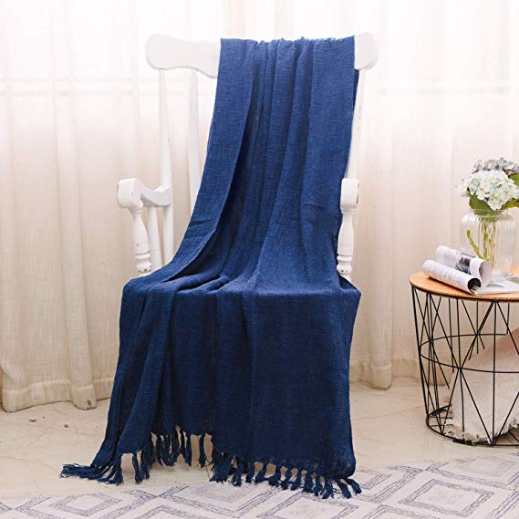 NordECO 100% Cotton Throw Blanket with Tassels, Breathable Washable Lightweight and Soft Throws for Daily Use, Deep Blue, 50"x 60"