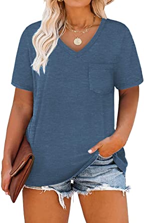 VOGRACE Womens Plus-Size Tops Summer V Neck Shirts Short Sleeve Tees with Pocket