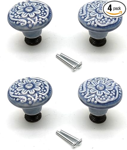 Drawer Knobs Ceramic,4pcs, Knob Decor 1.3" Dia. Grey with Mounting Screws Desk Drawer Knobs Carved Knob