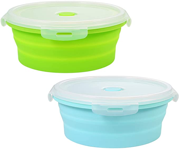 SLSON Collapsible Dog Bowl with Lid, 2 Pack Collapsible Travel Bowls Foldable Expandable Water Bowl Feeder for Dogs Cats Pet Walking Parking Traveling (Large(1200ml), Blue and Green)