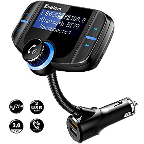 FM Transmitter, Bluetooth Transmitter Radio Wireless Receiver Adapter Quick Charge 3.0 Dual USB Charger In-Car Hands Free Calling Kit, Voltage Detection / AUX Input / TF Card Slot (Black)