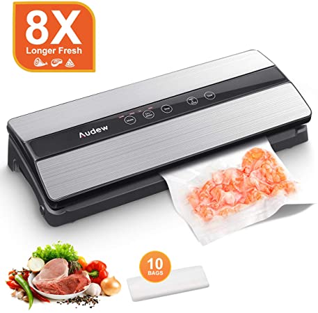 Audew Food Vacuum Sealer, Automatic/Manual Vacuum Sealing Machine Stainless Steel for Dry and Moist Food Fresh Preservation, Suitable for Camping and Home, 10 Bags Coupled