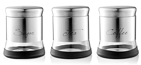 Home Fashions Elegant Tea, Coffee and Sugar Glass Storage Canisters Set Stainless Steel Jackets with Airtight Lid Set of 3, Flat Lid