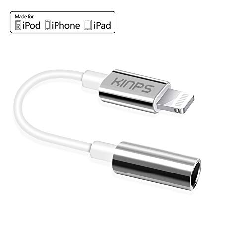 KINPS Apple MFI Certified Lightning to 3.5 mm Headphone Jack Adapter Compatible with iPhone Xs/XR/X/8 Plus/8/7 Plus/7 (White-TPE)