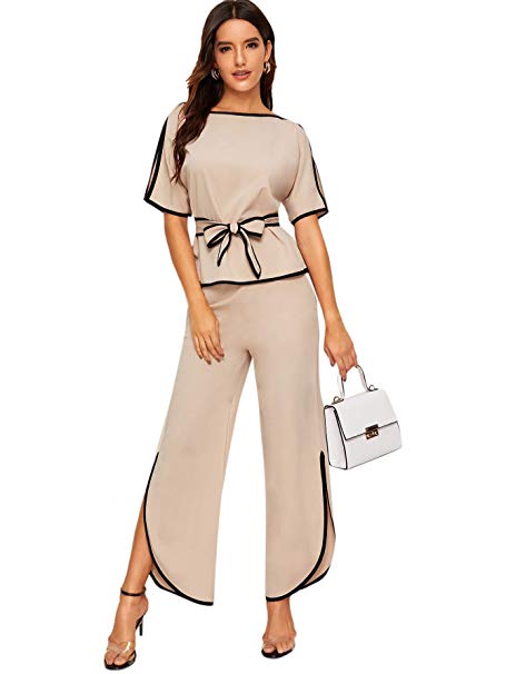 Milumia Women's Elegant 2 Pieces Outfits Split Short Sleeve Belt Blouse Tops Split Wide Leg Pant Suit Set