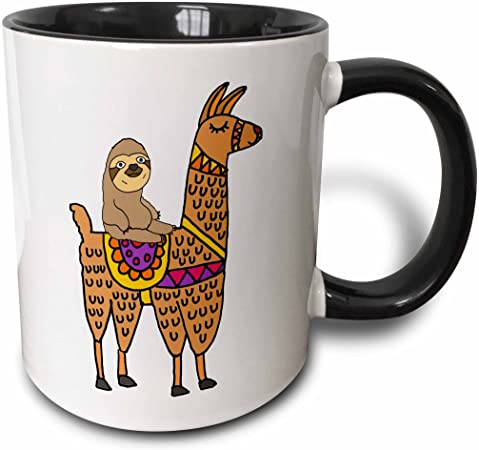 3dRose 270098_4 Funny Cute Sloth Riding Llama Cartoon Ceramic Mug, 11oz, Black/White