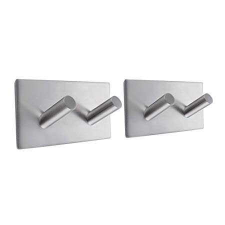 Kes Self Adhesive Hooks Rail Rack Sticky Stick On Coat and Robe Key Hook SUS 304 Stainless Steel Brushed Finish 2-Hook 2-Piece, A7063H2-2-P2