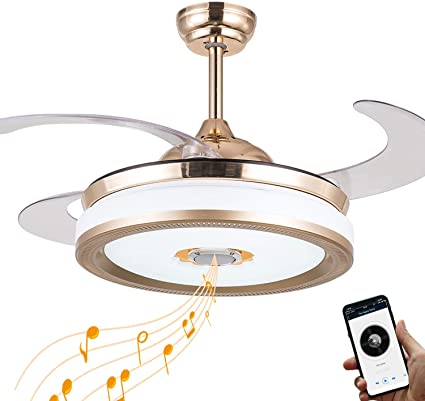 Retractable Ceiling Fan with Bluetooth Speaker and Light, LED Bluetooth Ceiling Fan Chandelier Speaker with and Remote Control 7 Color Lighting 42 Inch (Rose Gold)