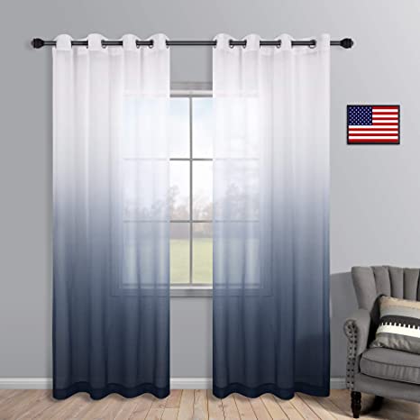 Navy Blue Curtains 84 Inch for Living Room Set of 2 Panels Grommet Window Semi Sheer Nautical Design Faux Linen Ombre Navy Curtains for Boys Bedroom Nursery Men Office Decor Deep Dark Blue and White