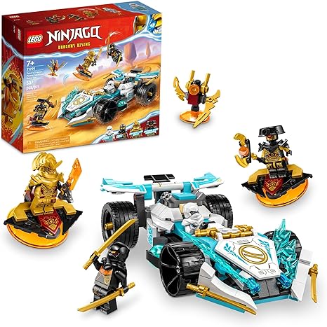 LEGO NINJAGO Zane’s Dragon Power Spinjitzu Race Car 71791 Building Toy Set, Features a Ninja Car, 2 Hover Flyers, Dragon Toy, and 4 Minifigures, Gift for Kids Aged 7