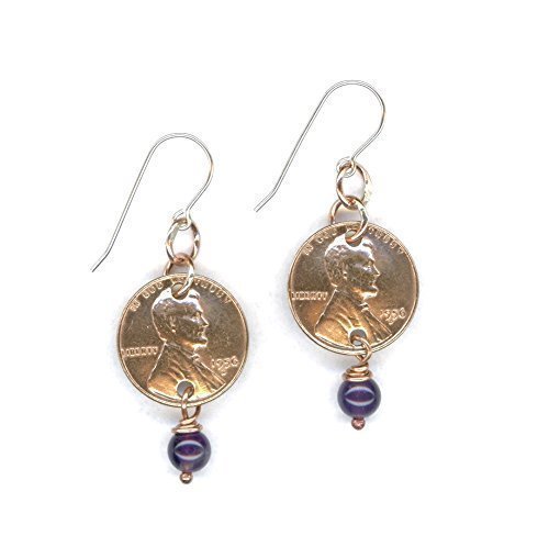 60th Birthday Gift for Her 1956 Penny Earrings 60th Anniversary Gift Amethyst Beads Coin 1956 Gift