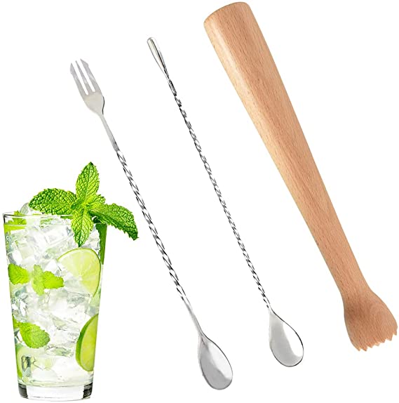 Vuzvuv Wooden Muddler for Cocktails, Durable Mojito Muddler with Hard Wood Handle, 3 Pack Muddler Set Included Mixing Spoon,Spiral Spoon,Perfect Bar Tool for Fruit Mint Lime Lemon Herb