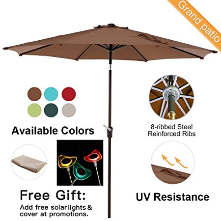 Grand patio 9FT, 8 Ribs Aluminum Patio Umbrella with Auto Crank and Push Button Tilt, UV Protective Beach Umbrella, Powder Coated Outdoor Umbrella, Brown