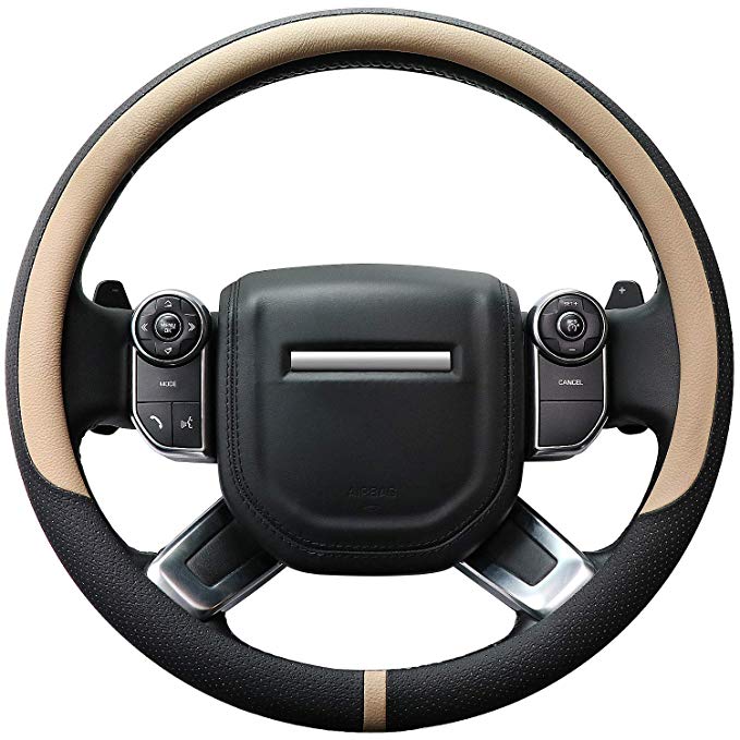COFIT Breathable and Non Slip Microfiber Leather Steering Wheel Cover Universal L 15 2/5-16 1/5 Inch - Beige and Black