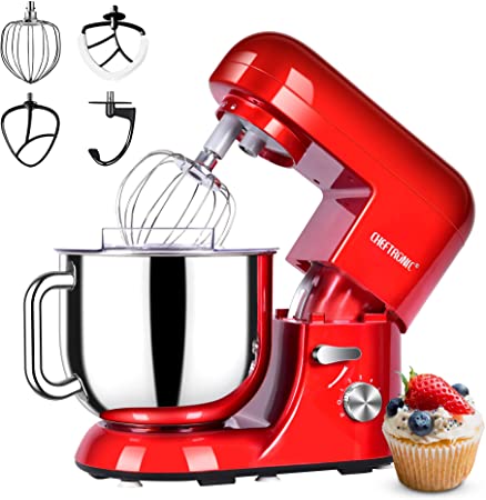 CHEFTRONIC Stand Mixer, 7 Qt Tilt-Head Electric Household Stand Mixer - 650W 6-P Speed, Multifunctional kitchen Stand up Mixer with Dough Hook, Whisk, Food Beater And Butter Beater, Red