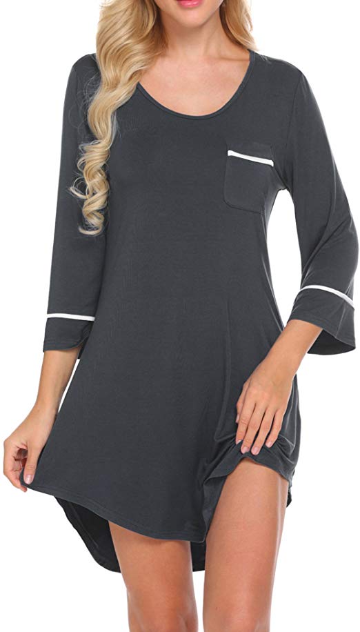 Ekouaer Women’s Sleepshirt 3/4 Sleeves Nightgown Sexy Nightshirts Boyfriend Sleepwear S-XXL