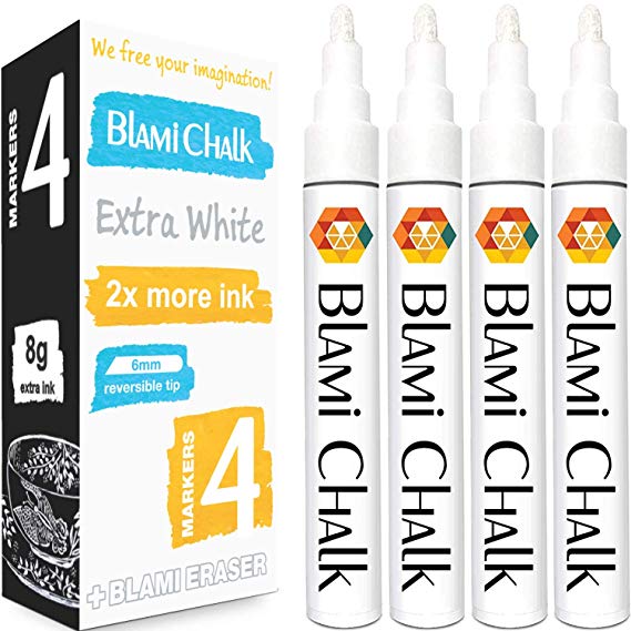 Blami Arts Chalk Markers White 4 Pack with Two Times More Liquid Ink 8g - Easy to Use Chalkboard Pens With Reversible Tip for Bistro Glass Windows - Eraser Spong Included