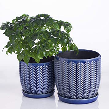 Hotsung Ceramic Flower Pot Garden Planters 6.5" and 5.5" Set of 2 Indoor Outdoor, Modern Nordic Style Plant Containers (Blue)