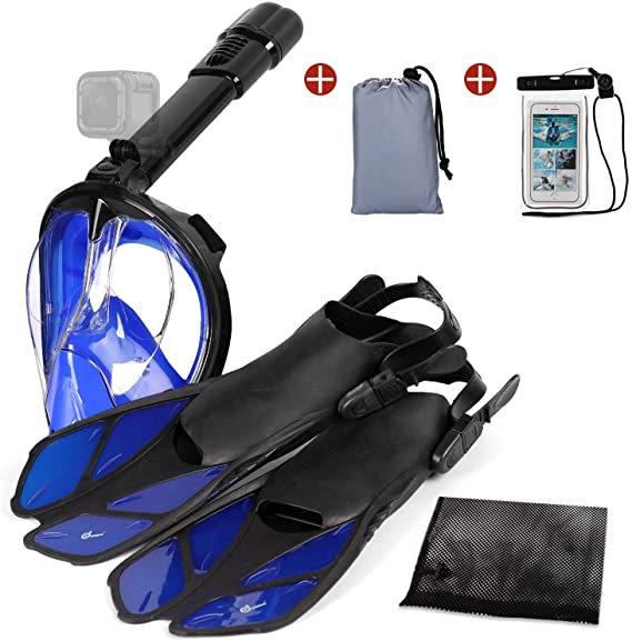 Odoland 5-in-1 Snorkeling Packages, Full Face Snorkel Mask with Adjustable Swim Fins, Lightweight Backpack and Waterproof Case, Anti-Fog Anti-Leak Snorkeling Masks Gear for Men Women