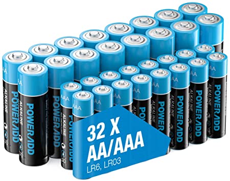 Poweradd Alkaline AA AAA Batteries, 16 x AA and 16 x AAA Alkaline Batteries, 1.5 V, Long-Lasting & Durability, Performance Double A, Triple A Alkaline Batteries, 10-Year Shelf Life, Pack of 32