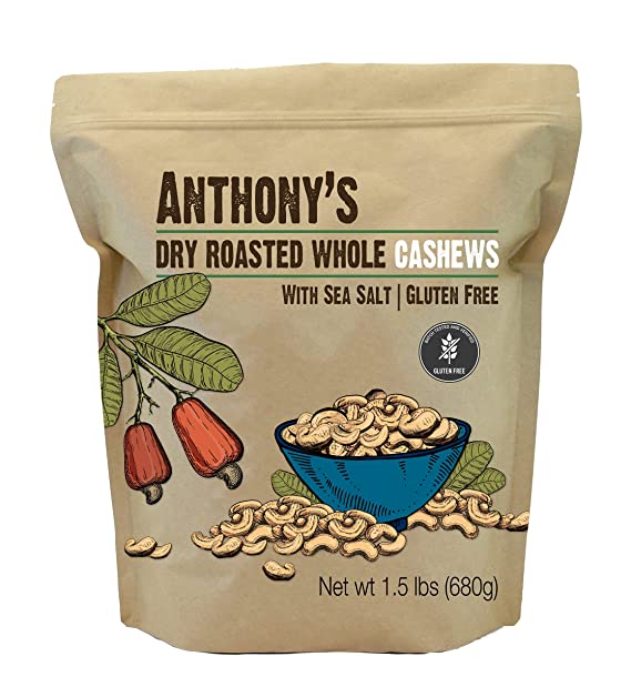 Anthony's Dry Roasted Whole Cashews, 1.5 lb, Gluten Free, With Sea Salt