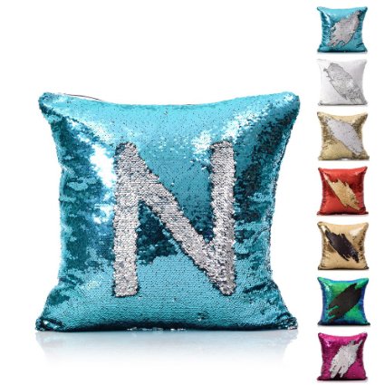 18 Inch Mermaid Europe Luxurious Sequin Pillow Cover (Turquoise/Silver)