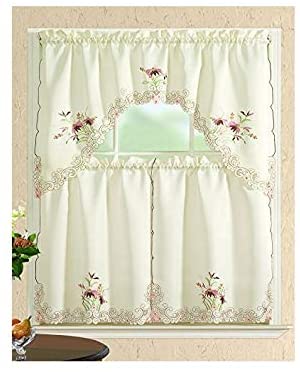 All American Collection Modern Contemporary 3pc Embroidered Home Kitchen Window Treatment Curtain Set (Swag Valance, Pink Flower)