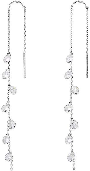 925 Sterling Silver Tassel Drop Earrings Long CZ Droplet Dangle Threader Earrings for Women