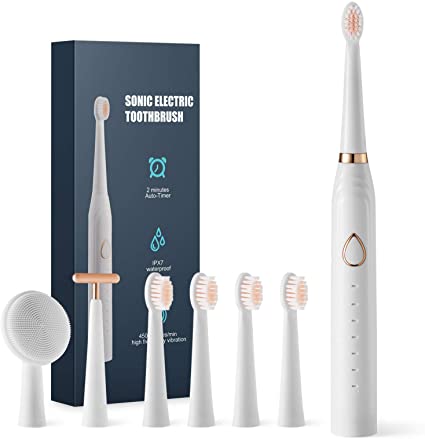 Electric Toothbrush, with 6 brushingmodes, Smart Timer and IPX7 Waterproof, with 5 Dupont Brush Heads, 1 face Washing Brush Head, and 1 Facial Massage Brush Head