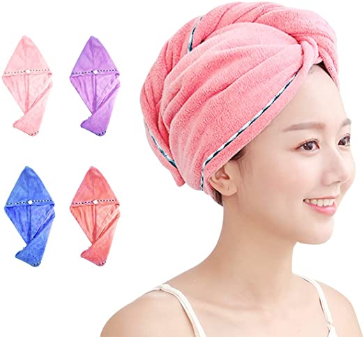 OrgaWise Microfiber Hair Towel 4 Pack Hair Drying Towel with Button Ultra Absorbent Twist Dry Hair CapTurban Quick Drying Cap Hair Wrap Towel, 4 Pack (4pcs)