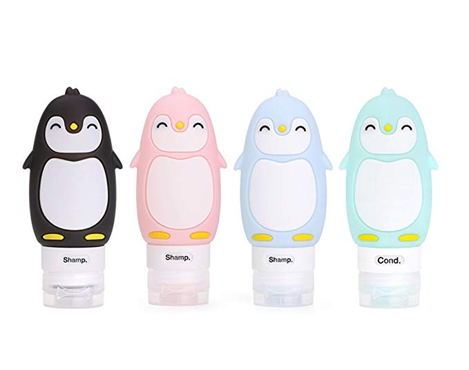 JasCherry 4 pcs Leakproof Silicone Penguin Travel Bottles Set - TSA Carry On Approved, BPA Free - Squeezable and Portable Storage Bottle for Shampoo, Sunblock and Toiletries Etc (Large size: 90ml)