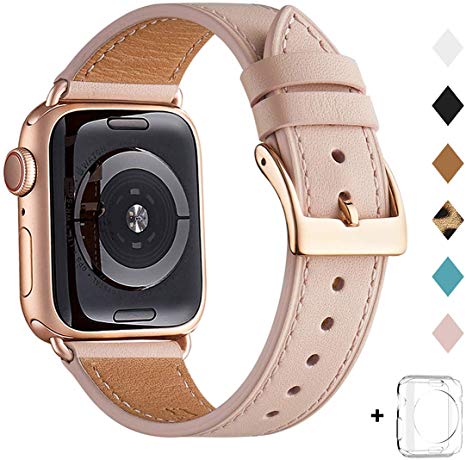 Bestig Band Compatible for Apple Watch 38mm 40mm 42mm 44mm, Genuine Leather Replacement Strap for iWatch Series 5/4/3/2/1, Sports & Edition(Pink Sand Band Rose Gold Adapter 38mm 40mm)