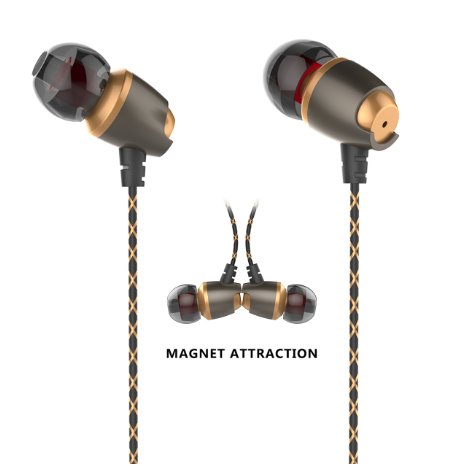 Earphones,Magnet Attraction Wired In-Ear Hi-fi Sports Earbuds Headphones Stereo Earphones Earbuds Cell Phone Headsets with Microphone and Volume Control (GOLDEN)