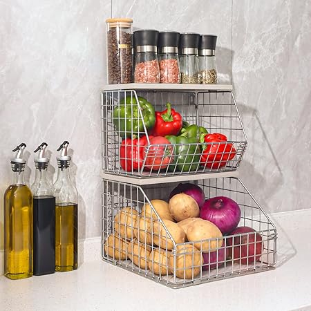 Mefirt Silver Fruit Basket, Stackable Wall Mounted Pantry Organizers and Storage Basket with Wood Lid Top - Kitchen Hanging Wire Basket for Storage Bread, Cans, Snack, Fruit, Vegetable, 2 Set