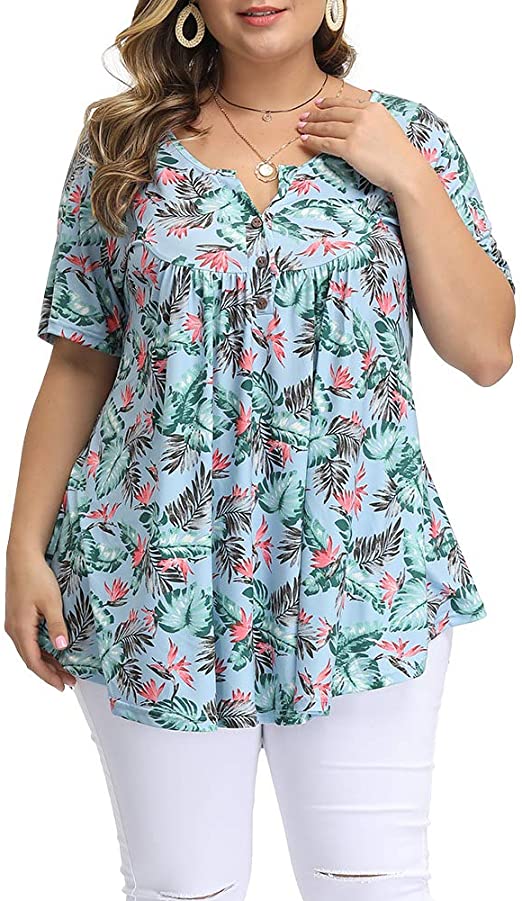 Allegrace Women's Plus Size Floral Blouses Henley V Neck Button Up Tunic Tops Ruffle Flowy Short Sleeve T Shirts