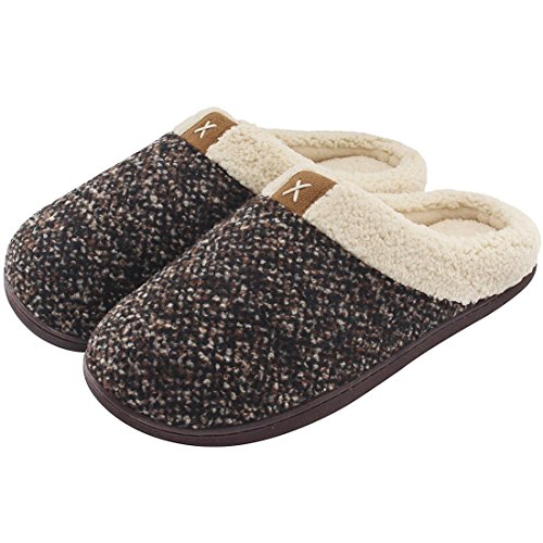 Men's Comfort Memory Foam Slippers Wool-Like Plush Fleece Lined House Shoes w/Indoor, Outdoor Anti-Skid Rubber Sole